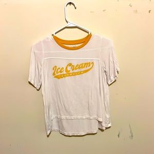 White and yellow ice cream sandwich shirt, wore once,no stains,buttery material.